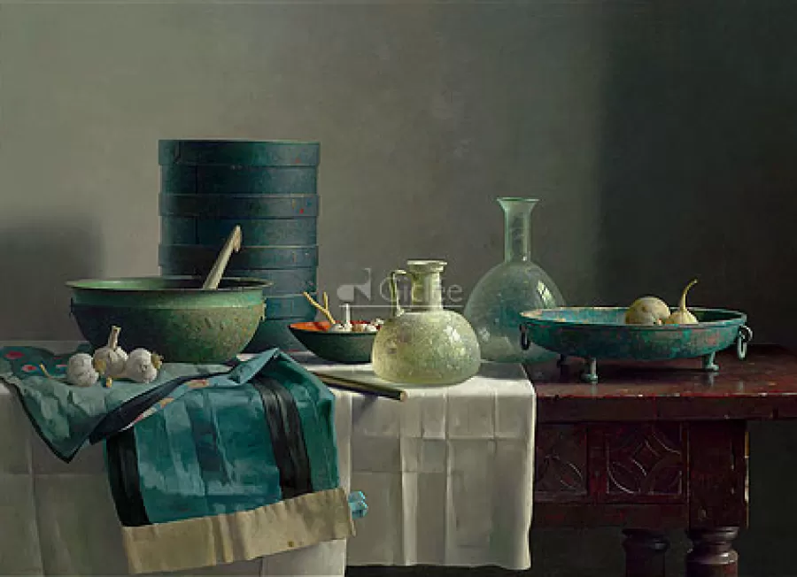 Art Revisited Romeins glas en Chinese rok op Spaanse tafel | Giclées