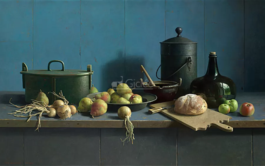 Art Revisited Stilleven met fruit en brood tegen blauw | Giclées