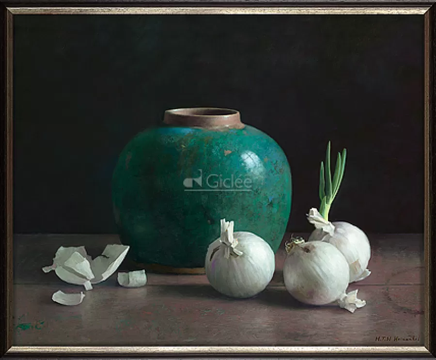 Art Revisited Stilleven met gemberpot en witte uien op donkere achtergrond | Giclées